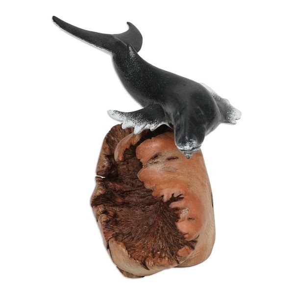 Alternate image for Wood Sculpture of Grey Whale with Mushroom-Shaped Base Grey Whale
