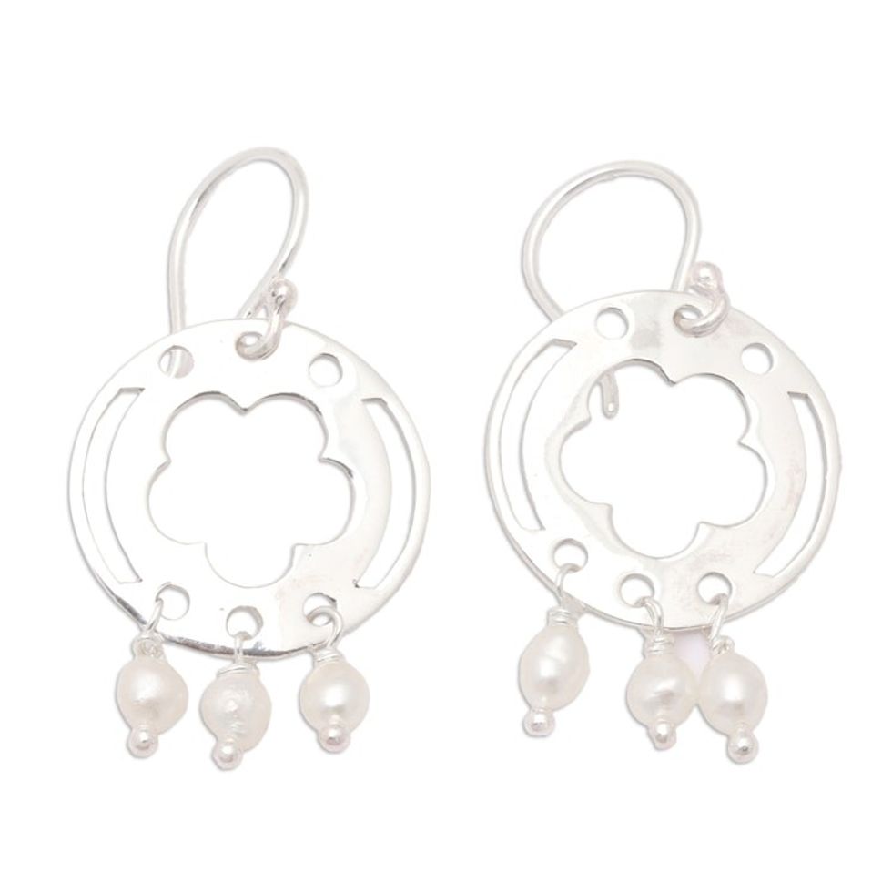 Floral Sterling Silver Dangle Earrings with Grey Pearls 'Pearly Fantasy'