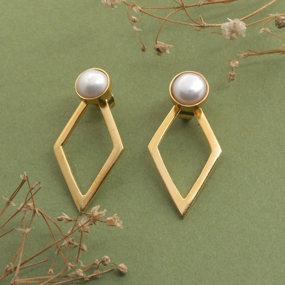 Polished Minimalist 18k Gold-Plated Pearl Drop Earrings 'Pearly Kite'