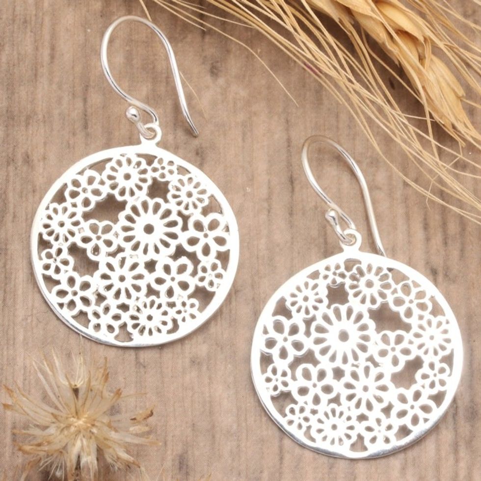 Polished Round Floral Sterling Silver Dangle Earrings 'Radiant Day'