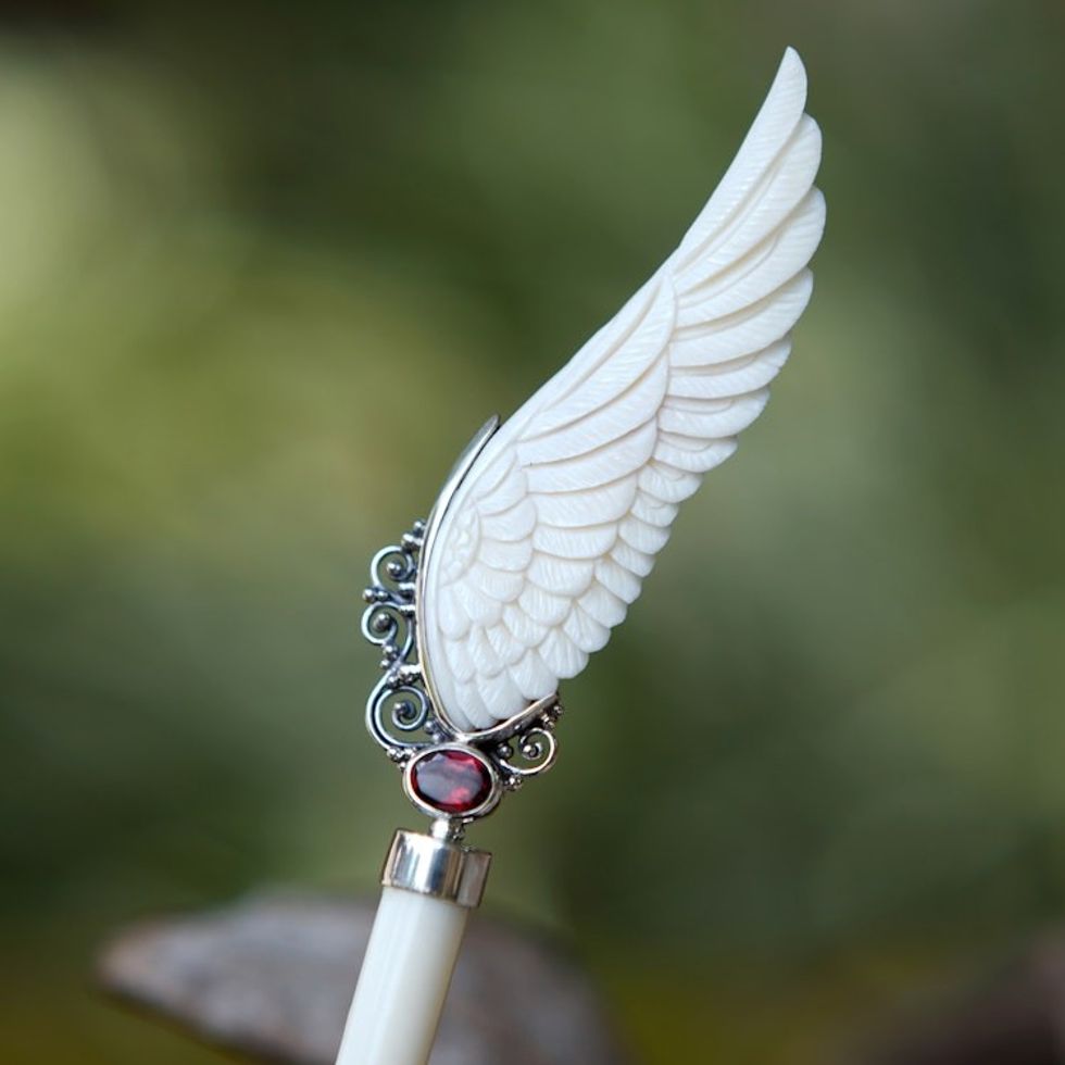 Wing Hairpin with Sterling Silver Accents and Garnet Jewel 'Angel of Passion'