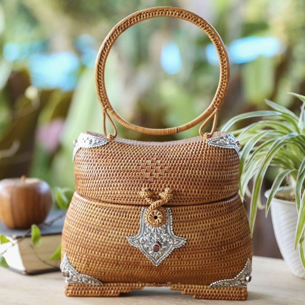 Natural Fiber and Sterling Silver Handbag with Garnet Jewel 'Garden of Adoration'