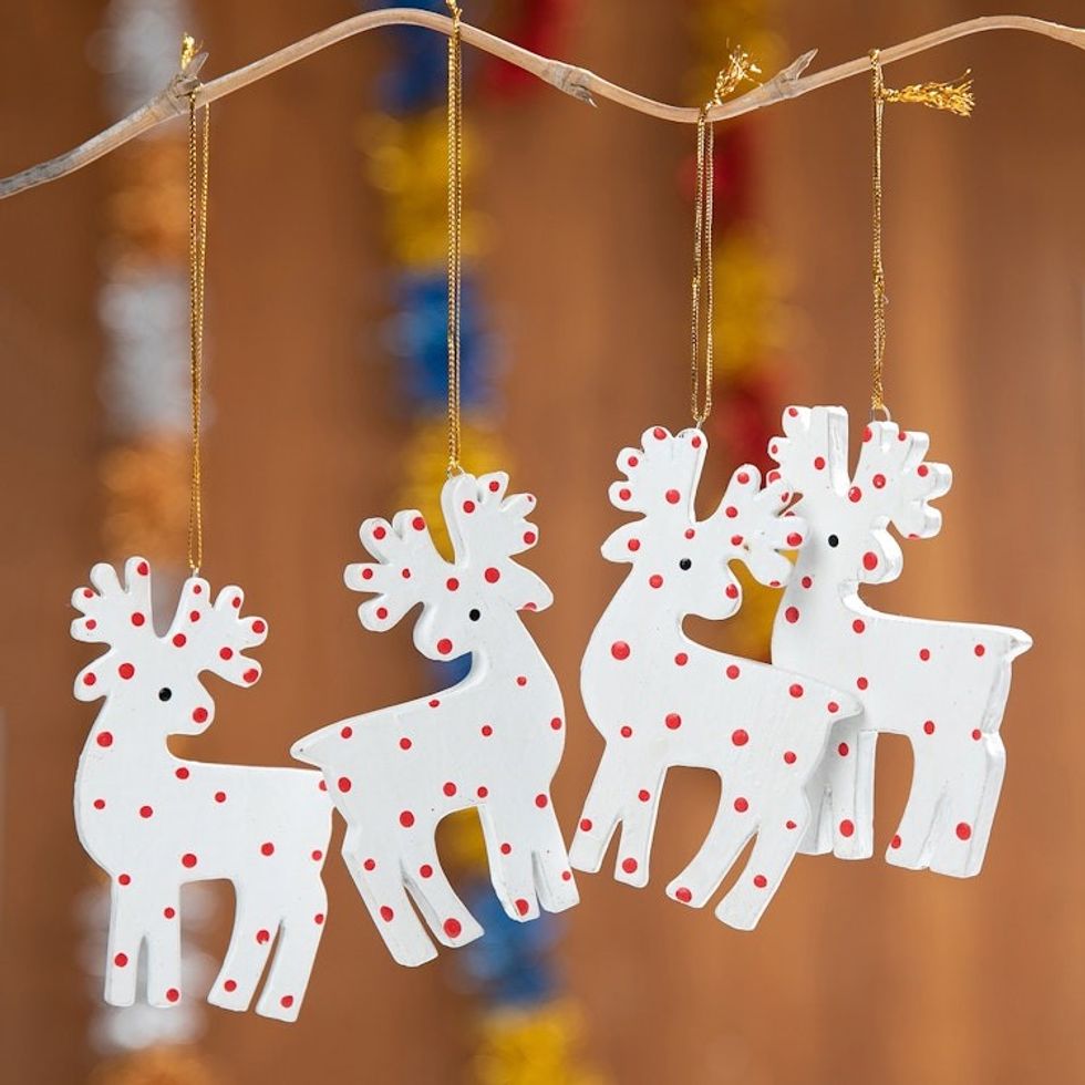 4 Hand-Painted Wood Polka Dot Reindeer Christmas Ornaments 'Polka Dot Reindeer'