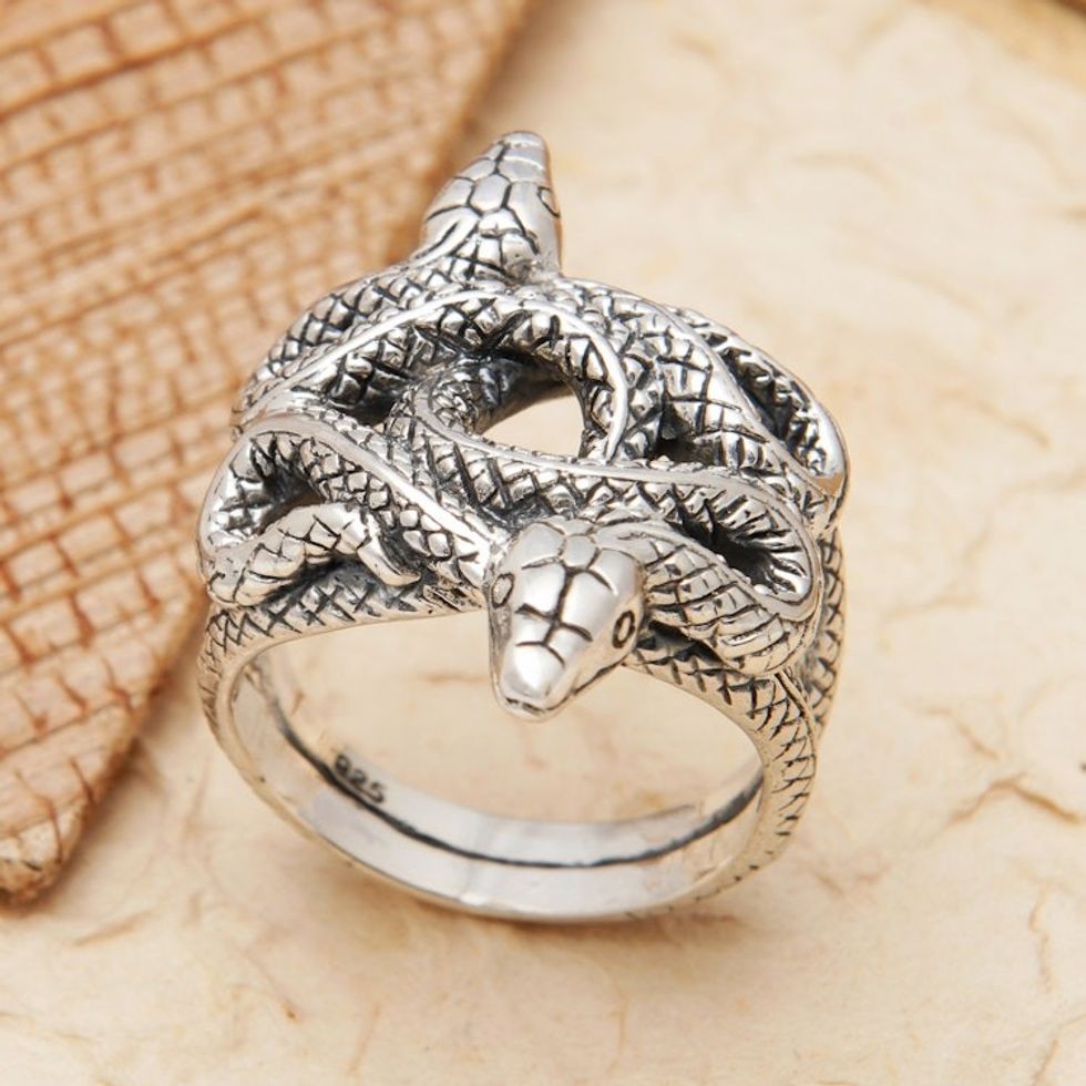 Snake-Themed Sterling Silver Cocktail Ring from Bali 'Viper Union'