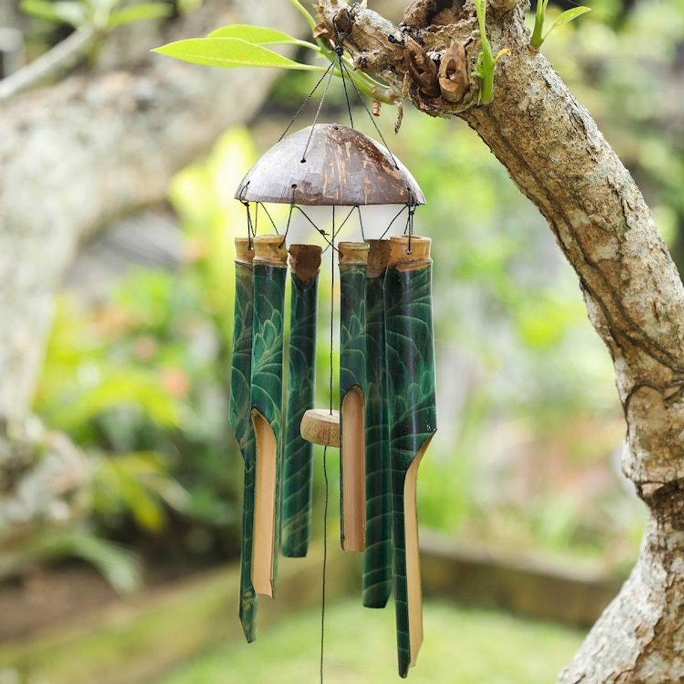 Handcrafted Green Bamboo and Coconut Shell Wind Chime 'Green Rhythm'