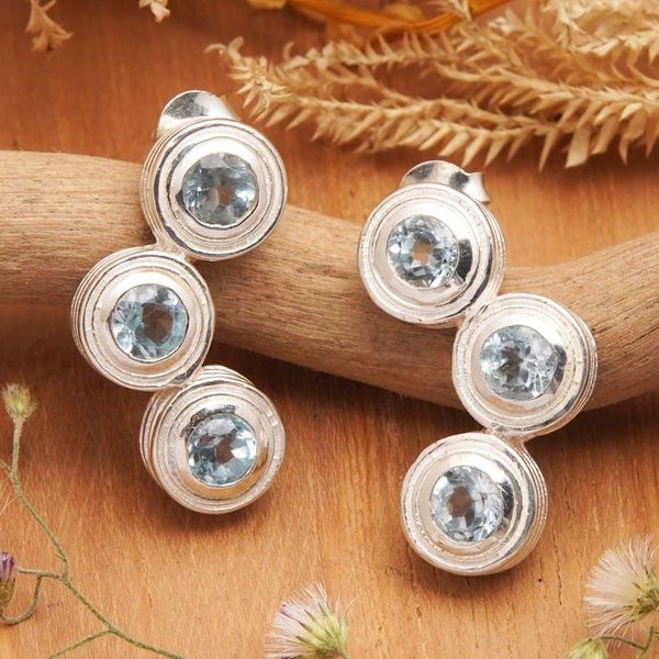 Alternate image for Modern Blue Topaz and Sterling Silver Button Earrings Brilliant Summer