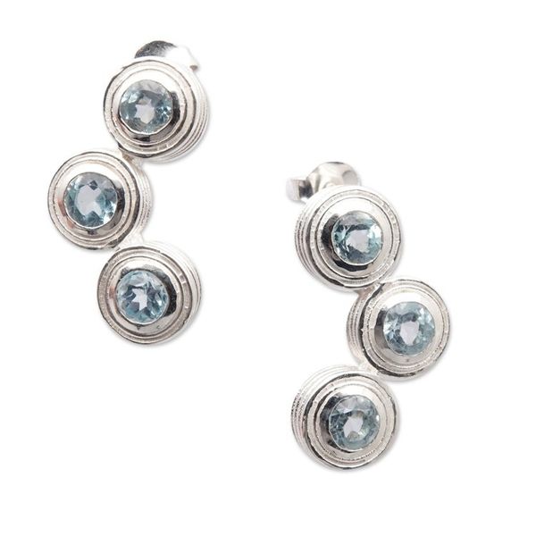 Alternate image for Modern Blue Topaz and Sterling Silver Button Earrings Brilliant Summer