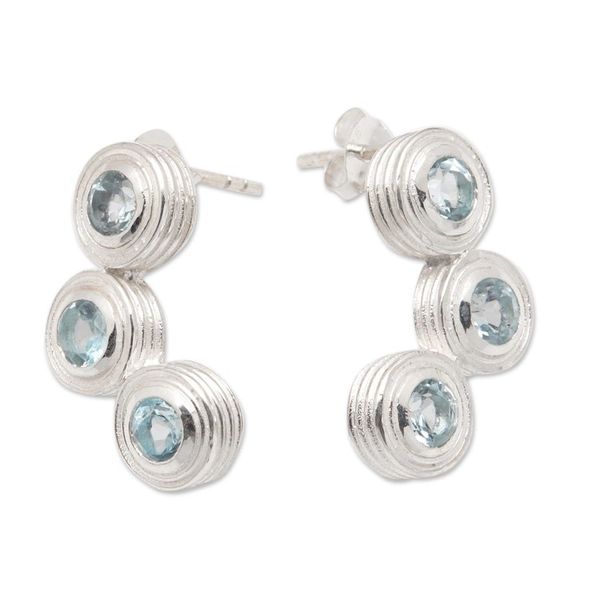 Alternate image for Modern Blue Topaz and Sterling Silver Button Earrings Brilliant Summer