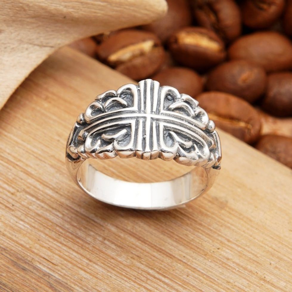 Polished Cross-Themed Sterling Silver Domed Ring from Bali 'Divine Cross'