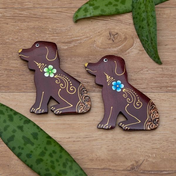 Alternate image for Set of 2 Hand-Painted Floral Dog-Shaped Wood Magnets Paradisial Puppies