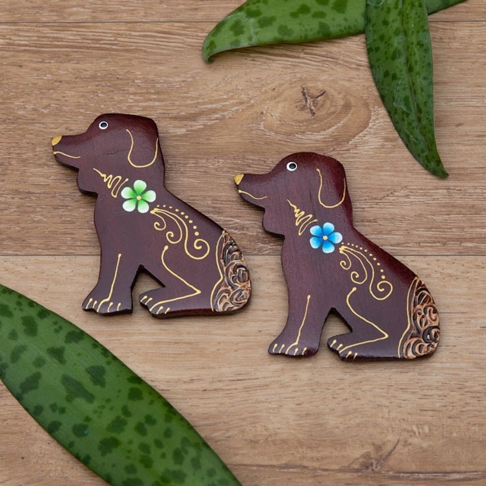 Set of 2 Hand-Painted Floral Dog-Shaped Wood Magnets 'Paradisial Puppies'
