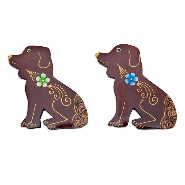 Alternate image for Set of 2 Hand-Painted Floral Dog-Shaped Wood Magnets Paradisial Puppies