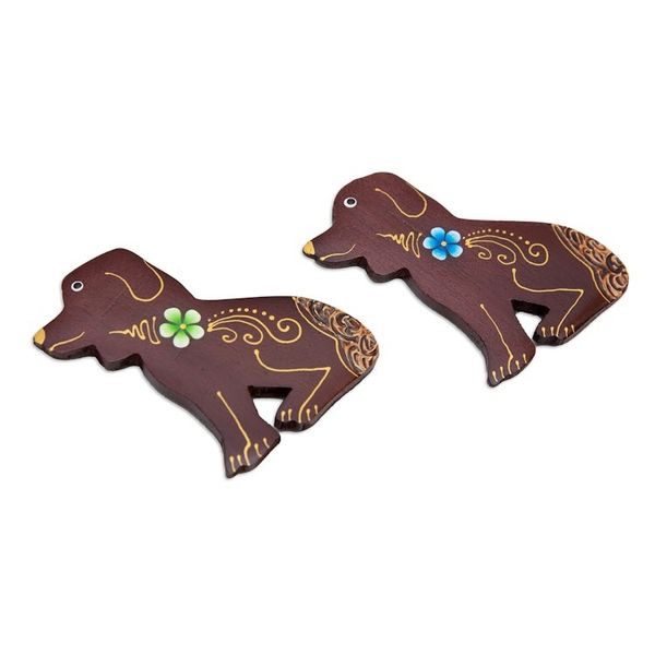Alternate image for Set of 2 Hand-Painted Floral Dog-Shaped Wood Magnets Paradisial Puppies