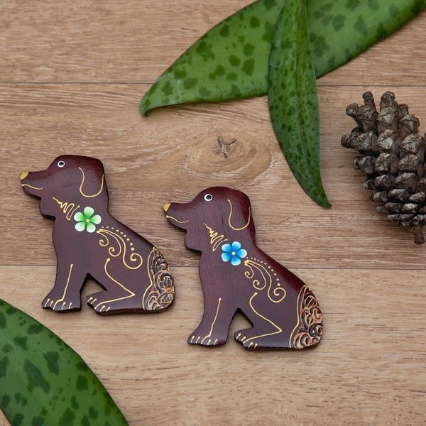 Alternate image for Set of 2 Hand-Painted Floral Dog-Shaped Wood Magnets Paradisial Puppies