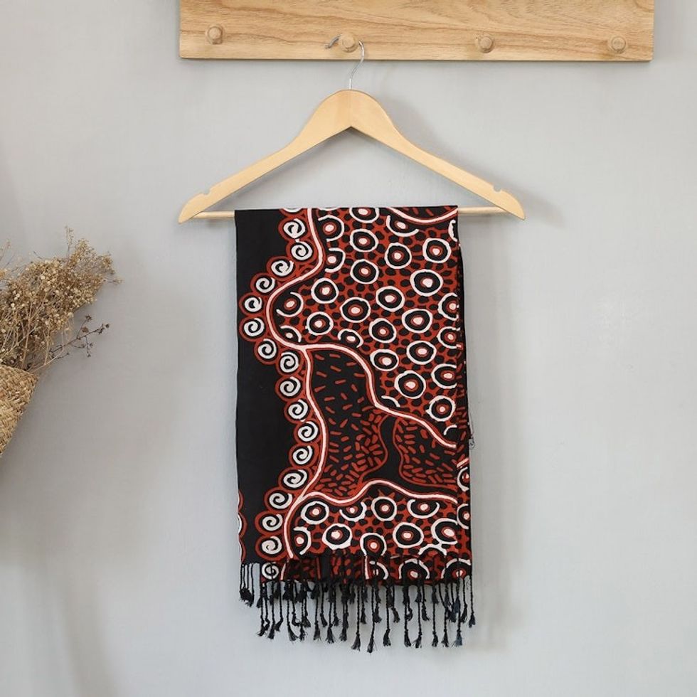 Fringed Batik Rayon Scarf in Orange Black Handmade in Java 'Wonderful Java'