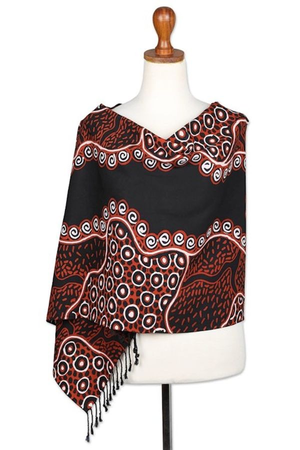 Alternate image for Fringed Batik Rayon Scarf in Orange Black Handmade in Java Wonderful Java
