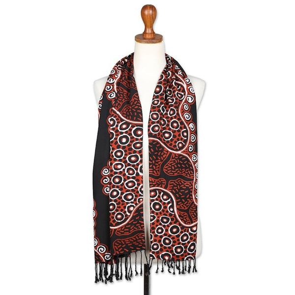 Alternate image for Fringed Batik Rayon Scarf in Orange Black Handmade in Java Wonderful Java
