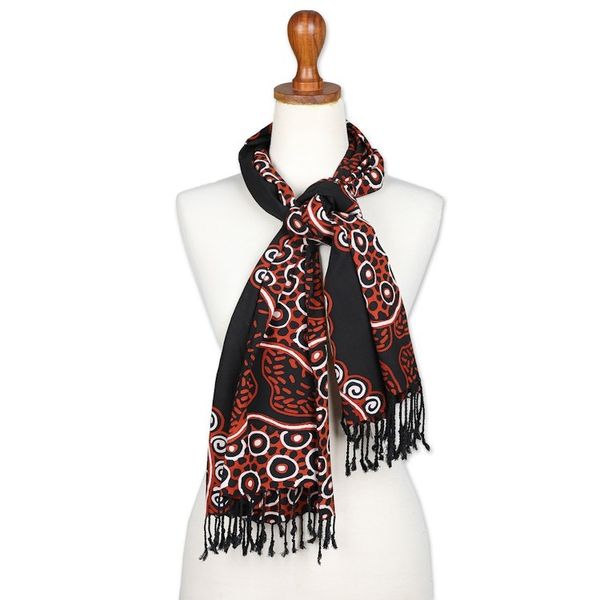 Alternate image for Fringed Batik Rayon Scarf in Orange Black Handmade in Java Wonderful Java