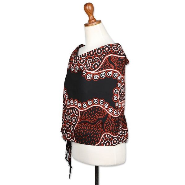 Alternate image for Fringed Batik Rayon Scarf in Orange Black Handmade in Java Wonderful Java