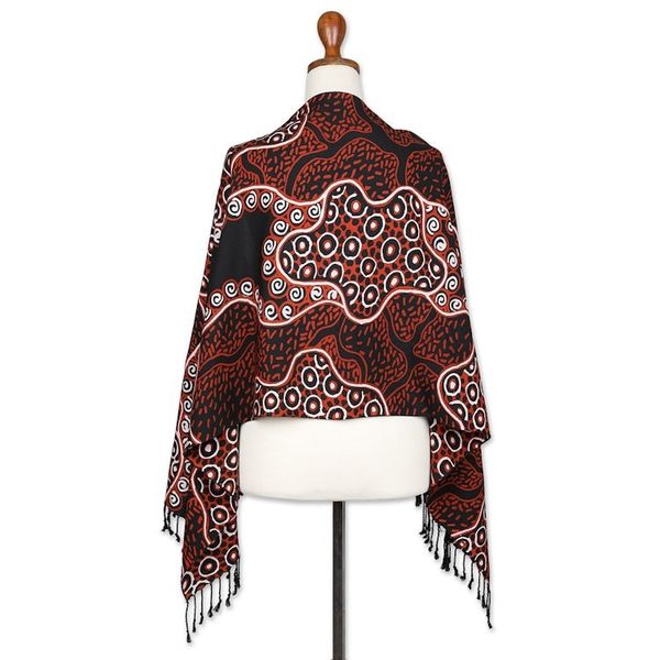 Alternate image for Fringed Batik Rayon Scarf in Orange Black Handmade in Java Wonderful Java