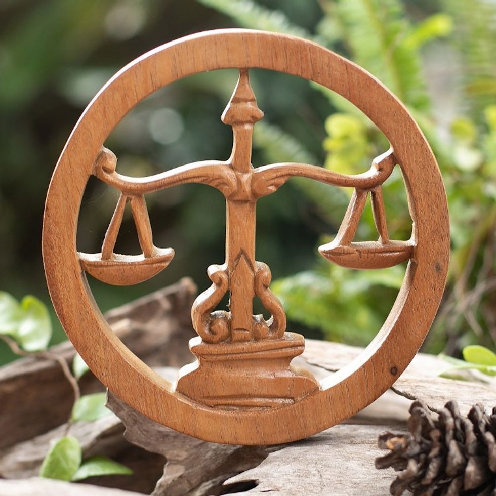 Hand-Carved Round Wood Libra Zodiac Sign Wall Relief Panel 'Libra Firmament'