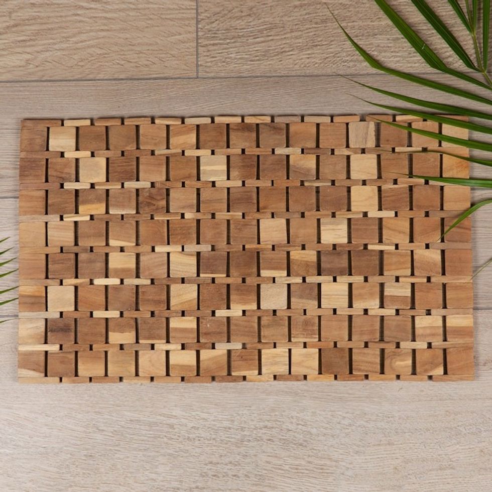 Handcrafted Geometric Natural Brown Teak Wood Mat from Bali 'Forest's Cobblestone'