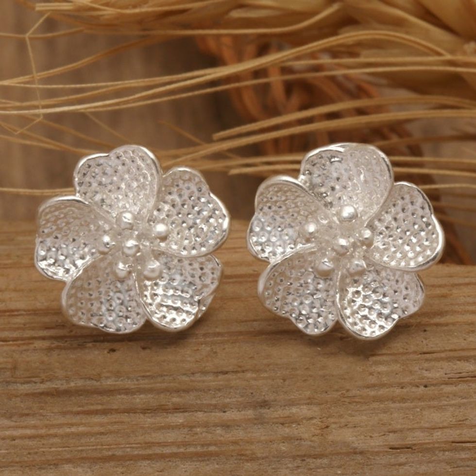 Textured Sterling Silver Snow Azalea Flower Stud Earrings 'Snow Azalea'