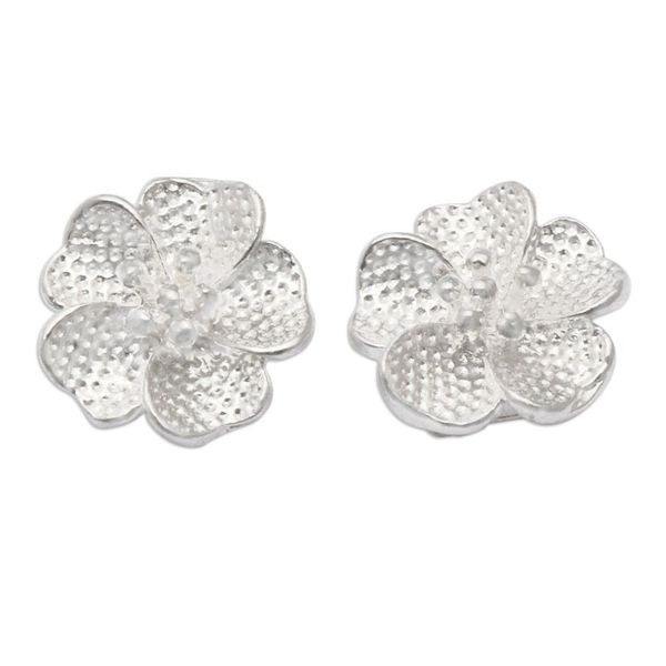 Alternate image for Textured Sterling Silver Snow Azalea Flower Stud Earrings Snow Azalea