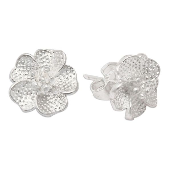 Alternate image for Textured Sterling Silver Snow Azalea Flower Stud Earrings Snow Azalea