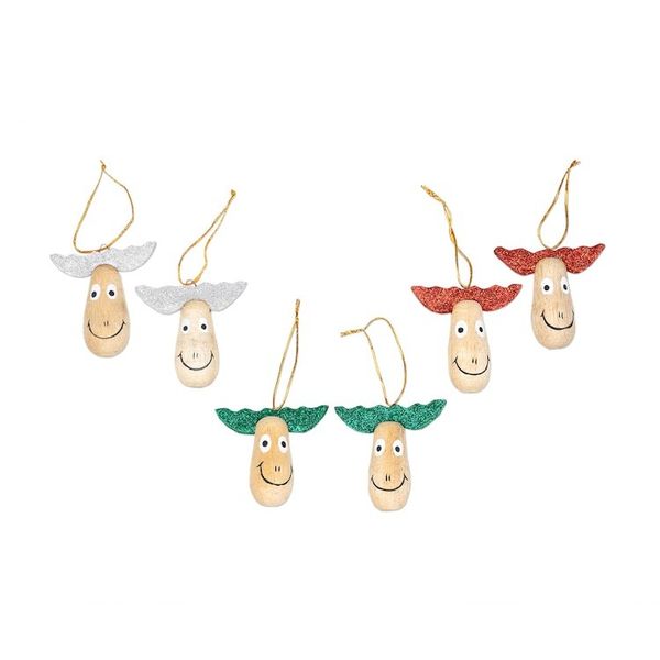Alternate image for 6 Wood Holiday Reindeer Ornaments with Glitter Accents Joyful Reindeer