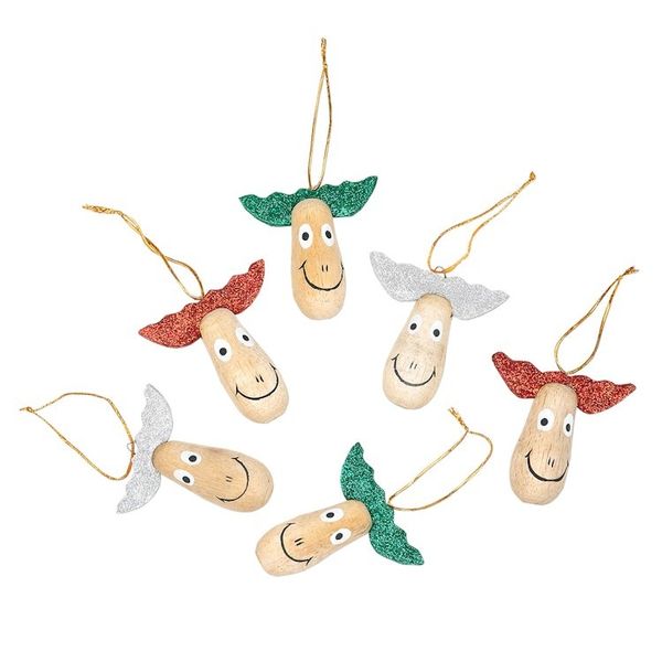 Alternate image for 6 Wood Holiday Reindeer Ornaments with Glitter Accents Joyful Reindeer