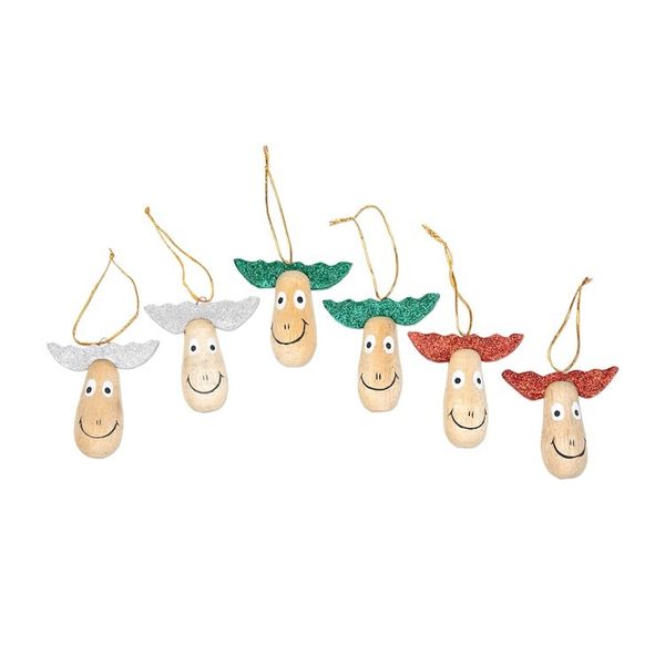 Alternate image for 6 Wood Holiday Reindeer Ornaments with Glitter Accents Joyful Reindeer