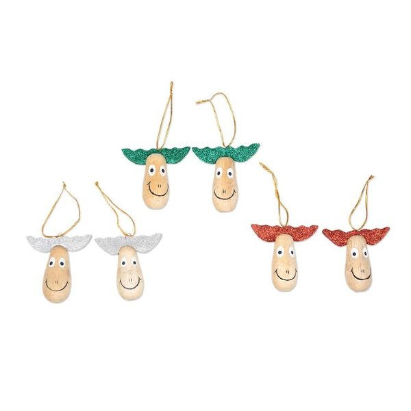 Alternate image for 6 Wood Holiday Reindeer Ornaments with Glitter Accents Joyful Reindeer