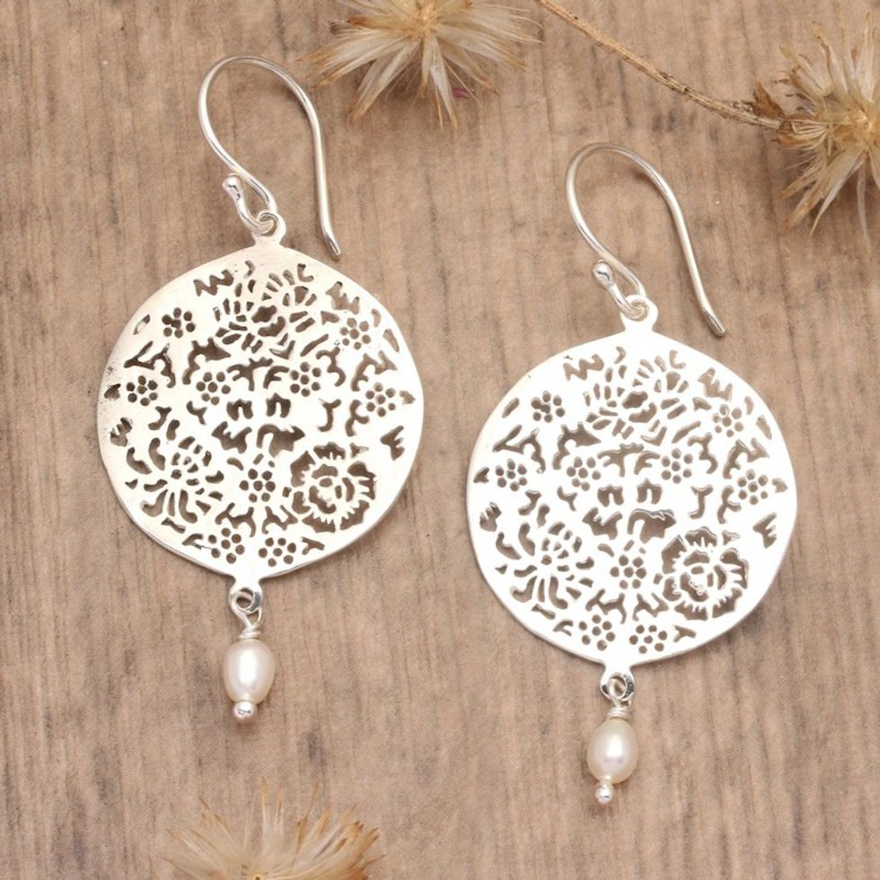 Floral and Leafy Round Cultured Pearl Dangle Earrings 'Pearly Summer'