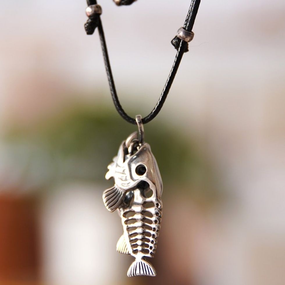 Adjustable Fish-Themed Sterling Silver Pendant Necklace 'Marine Underworld'