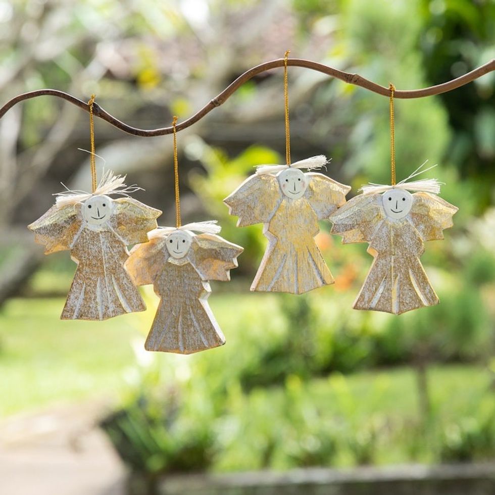 4 Wood Angel Holiday Ornaments with Distressed Finish 'Cheerful Angels'