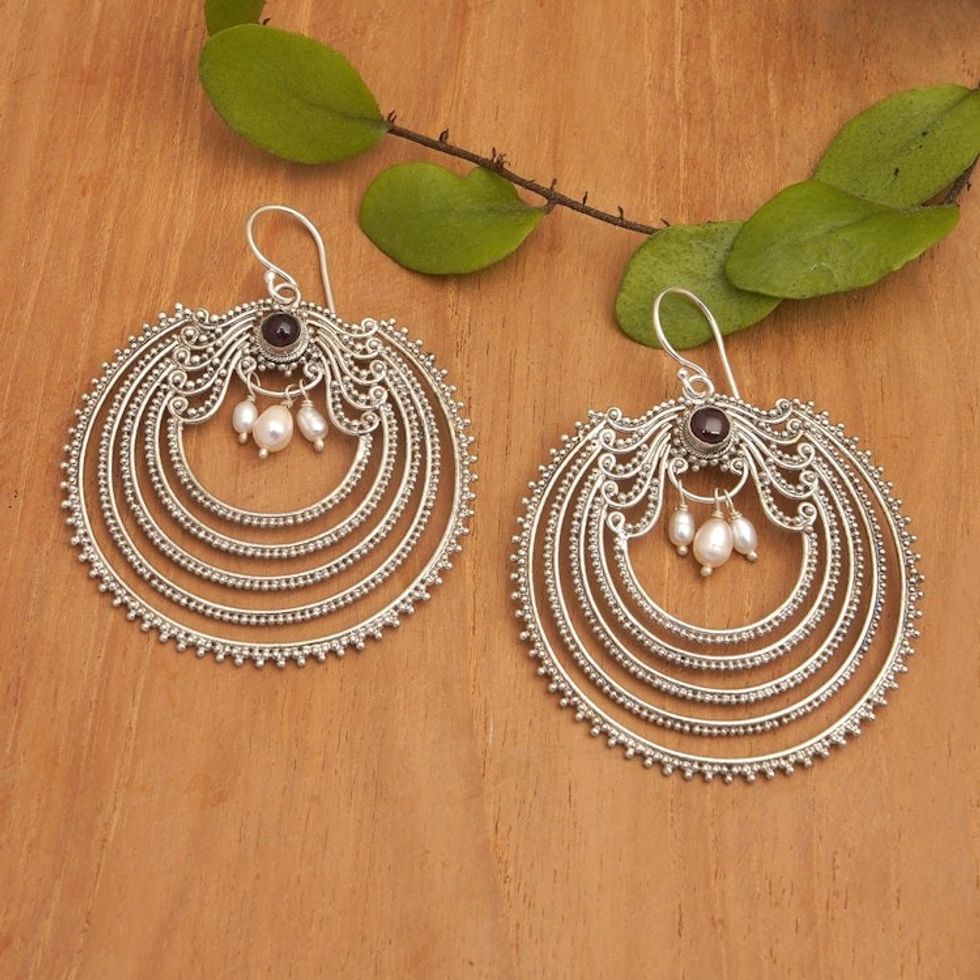 Dangle Earrings with Silver-White Pearls and Natural Garnet 'Fancy Passion'