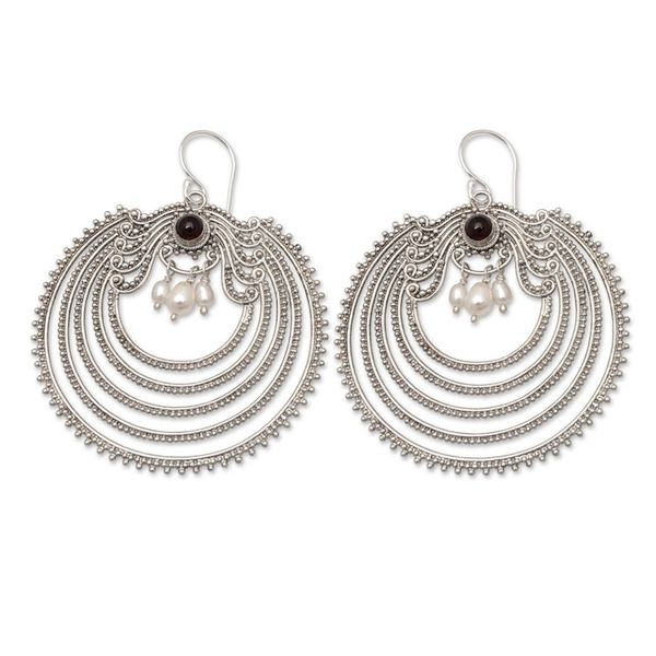 Alternate image for Dangle Earrings with Silver-White Pearls and Natural Garnet Fancy Passion