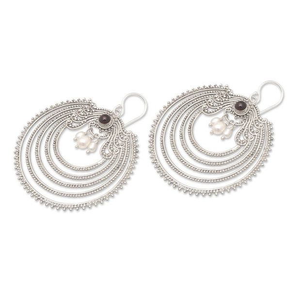 Alternate image for Dangle Earrings with Silver-White Pearls and Natural Garnet Fancy Passion