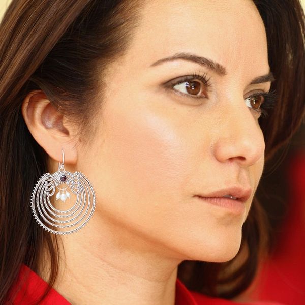 Alternate image for Dangle Earrings with Silver-White Pearls and Natural Garnet Fancy Passion