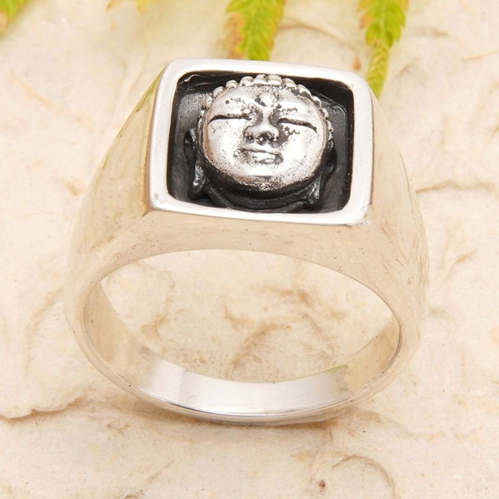 Buddha-Inspired Sterling Silver Signet Ring from Bali 'Tranquil Sage'