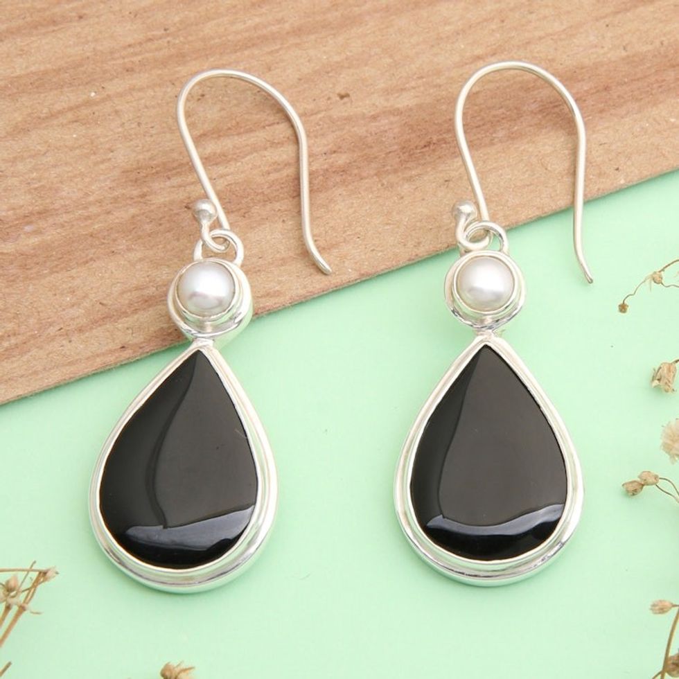 Sterling Silver Dangle Earrings with Onyx and Cultured Pearl 'Light and Dark Drop'