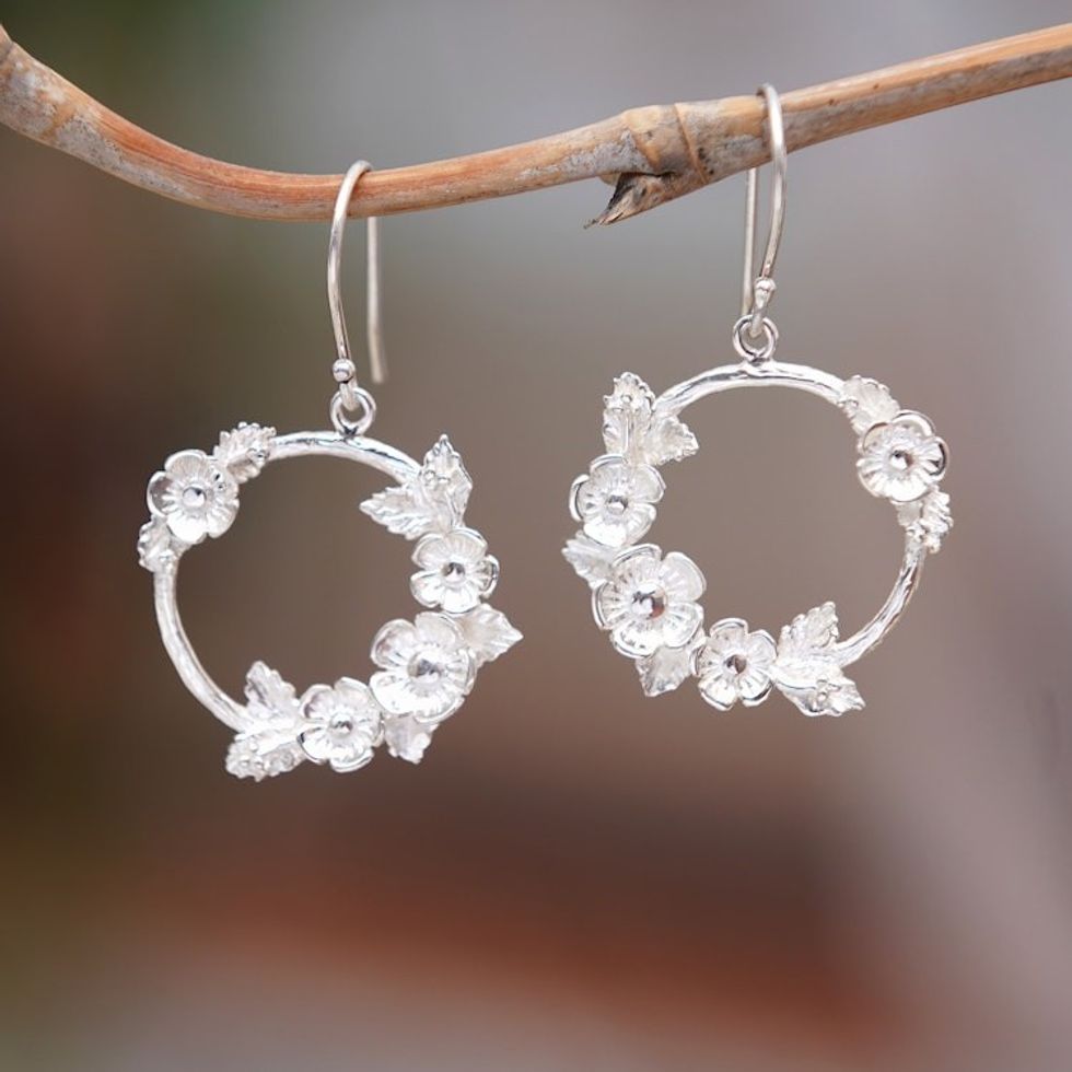 Polished Floral Sterling Silver Dangle Earrings from Bali 'Blooming Union'