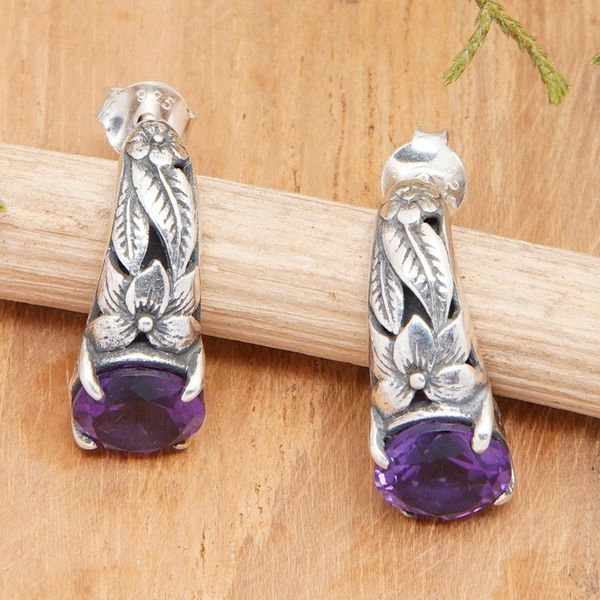 Alternate image for Floral and Leafy Faceted Two-Carat Amethyst Drop Earrings Natures Archs in Purple