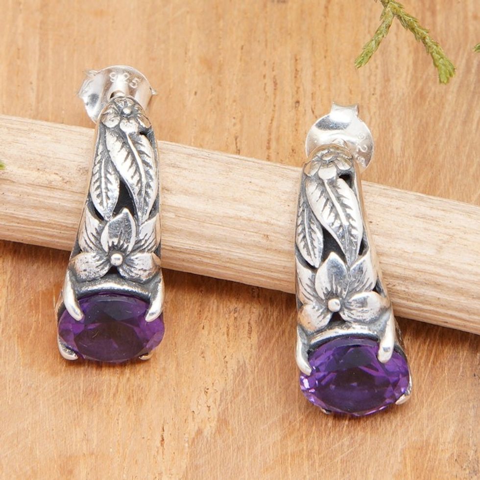 Floral and Leafy Faceted Two-Carat Amethyst Drop Earrings 'Nature's Archs in Purple'