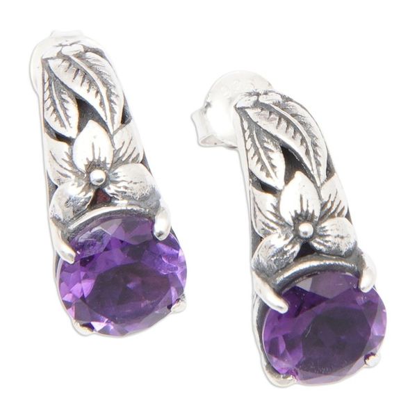 Alternate image for Floral and Leafy Faceted Two-Carat Amethyst Drop Earrings Natures Archs in Purple