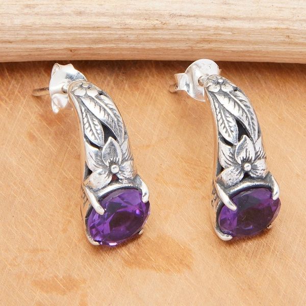 Alternate image for Floral and Leafy Faceted Two-Carat Amethyst Drop Earrings Natures Archs in Purple
