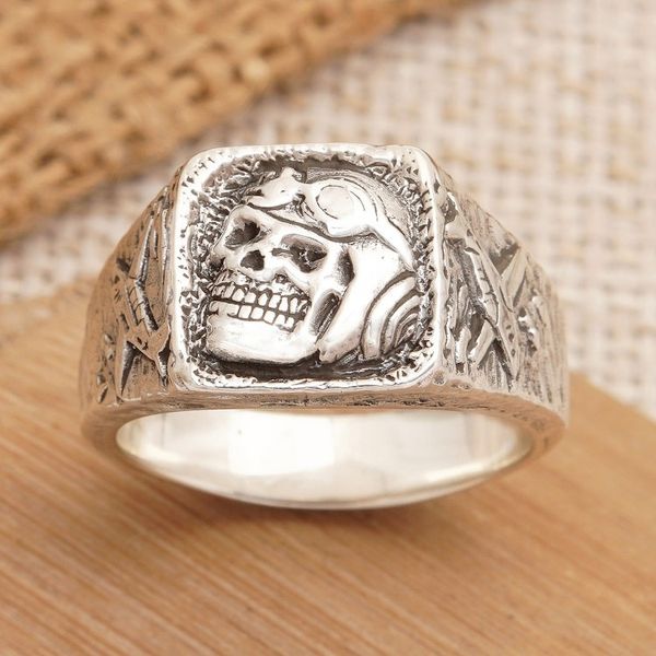 Alternate image for Mens Sterling Silver Signet Ring with Pilot Skull Motif Pilot Skull
