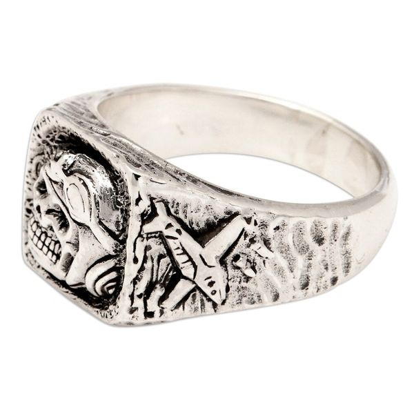Alternate image for Mens Sterling Silver Signet Ring with Pilot Skull Motif Pilot Skull