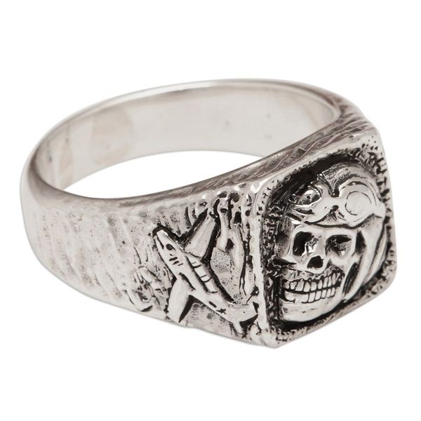 Alternate image for Mens Sterling Silver Signet Ring with Pilot Skull Motif Pilot Skull